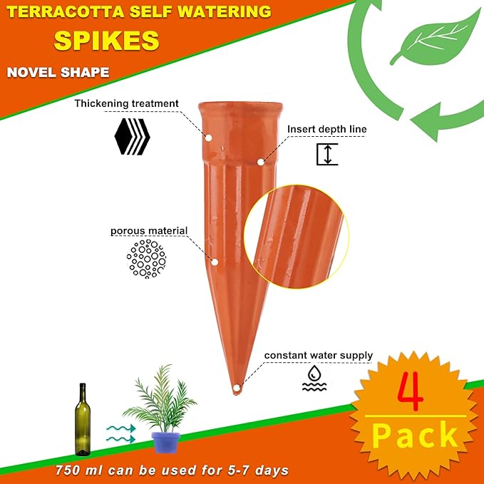 TKSCUSR Self Watering Spikes -4 Pack Terracotta Plant Watering Stakes Devices Vacation Self-Watering Stakes for Indoor/Outdoor Plants