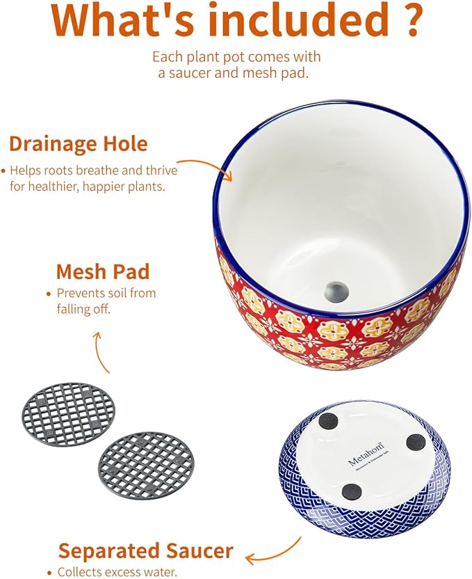 Metahom Ceramic Plant Pots, 3.8+4.9+5.8 Inch, Set of 3 Flower Pots with Drainage Hole & Saucer, Trio Planter Pots Set for House Plants, Home Decor, Vibrant Colors