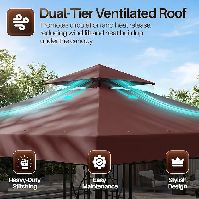 Flexzion Gazebo Cover Replacement Canopy Top 8x8 Ft (2.4m x 2.4m) - Double Tier Top Canopy Cover Replacement with UV30+, Dirt, Water Resistant for Outdoor, Sunshade, Garden, Patio, Pavilion (Brown)