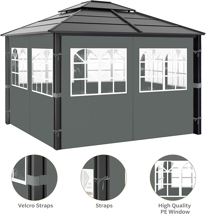 Gazebo Privacy Curtains 10' x 12' with PVC Windows, 4-Panels Side Wall with Zipper Universal Replacement for Patio, Outdoor Canopy, Garden and Backyard, Gray