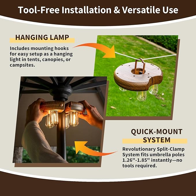 Dark Wood Grain Patio Umbrella Light with Remote Control, Rechargeable Cordless LED Edison Bulbs Pole Light with 10 Brightness Levels for Garden, Patio, Backyard, Camping or BBQ (2 Pack)