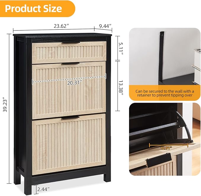 2-Flip Drawer Shoe Cabinet Narrow Entryway Rack, Oak&Black