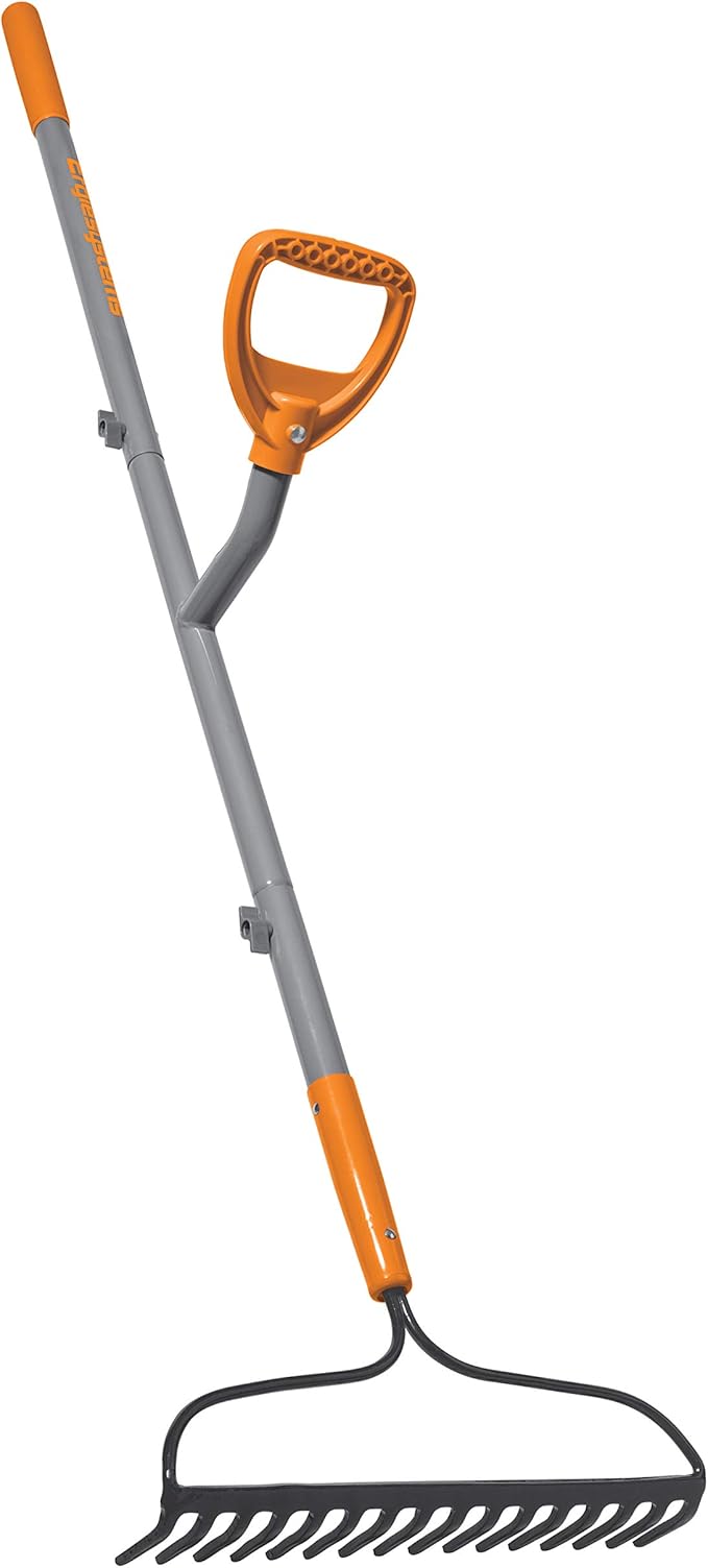 ErgieShovel ERG-BWRK16 Strain Reducing Steel Impact Resistant Bow Rake, 16-Tine, 54-Inch Shaft, w/Patented Ergonomic Second Handle, Gray/Orange