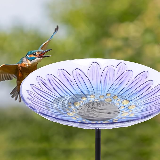 MUMTOP Bird Baths for Outdoors, Glass Bird Bath Stake, Purple Daisy Birdbaths & Support, Bee Baths for Garden, Outside, Lawn, Outdoor Decor