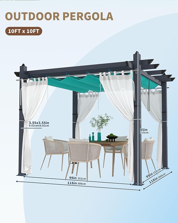 KYBOLT 10x10 Ft Outdoor Pergola with Retractable Canopy & Side Mesh Screen Gray Post Patio Gazebo for Backyard Deck Garden Lawns Porch(Blue+White)