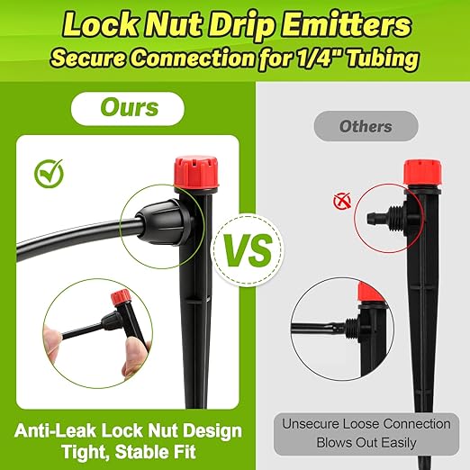 50pcs Drip Emitters for 1/4" Irrigation Tubing, Easy Connect Adjustable 360 Degree Water Flow Sprayer On 5" Stake for 4/7mm Tube Locked Drippers for Garden, Flower, Plant