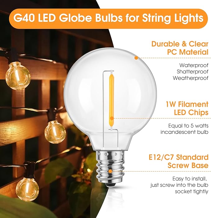 Mlambert G40 LED Replacement Light Bulbs for String Lights, Dimmable E12 Base Shatterproof Bulbs, 1W Equal to 5W, Warm White 2700K, 50Pack, Not Solar