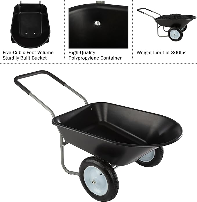 Wheelbarrow - 2-Wheel Garden Cart with 300lb Weight Capacity and Padded Handle - Wheelbarrows for Landscaping and Lawn Care by Pure Garden (Black)