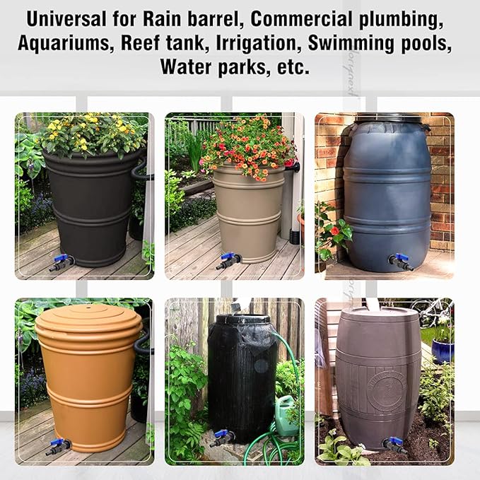 rain barrel spigot kit within 1 inch pvc bulkhead adapter 1" valve 5/8" plastic barb fitting, for 5/2.5/50/55/100 gallon water tank garden bucket outdoor rainwater collection