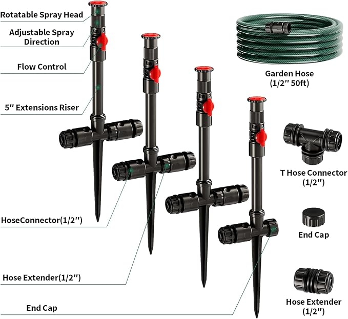 Flexible Sprinkler System, Above Ground DIY Irrigation Kit, Multi-Adjustable Lawn Sprinkler Set, Ideal for Plant and Flower Bed Watering, 50ft Garden Hose Included