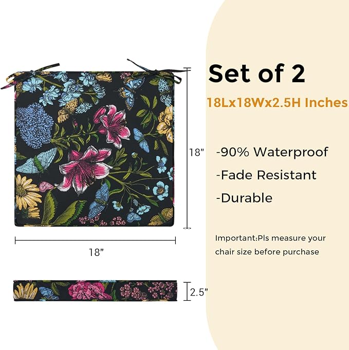 FUNHOME Outdoor Chair Cushions 18"x18"x2.5" Set of 2,Water Reistant Patio Chair Cushion with Zipper&Ties,18x18 Inch Square Seat Cushion for Garden Furniture Chairs(Butterfly Black)