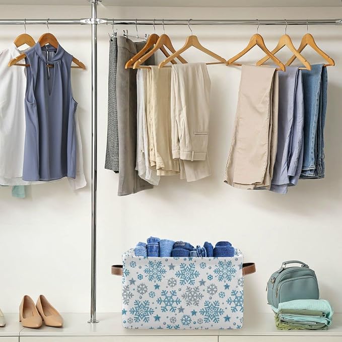 Wamika Winter Snowflake Blue Sliver Storage Basket Fabric Laundry Baskets Christmas Bells Xmas Snowman Boxes Organizer Bag for Baby Cloth Dog Toy Book Cubes Shelf Closet Bins 16×12×8 Inches