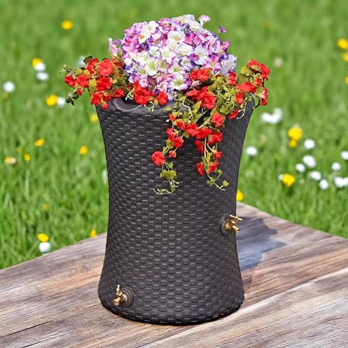 Beautiful Nantucket Wicker Rain Barrel with Planter top, 50 Gallon, The New Way reinvents How You Harvest rainwater. Decorave Design for Garden, Backyard or Patio. (Dark Brown, 50 Gallon)