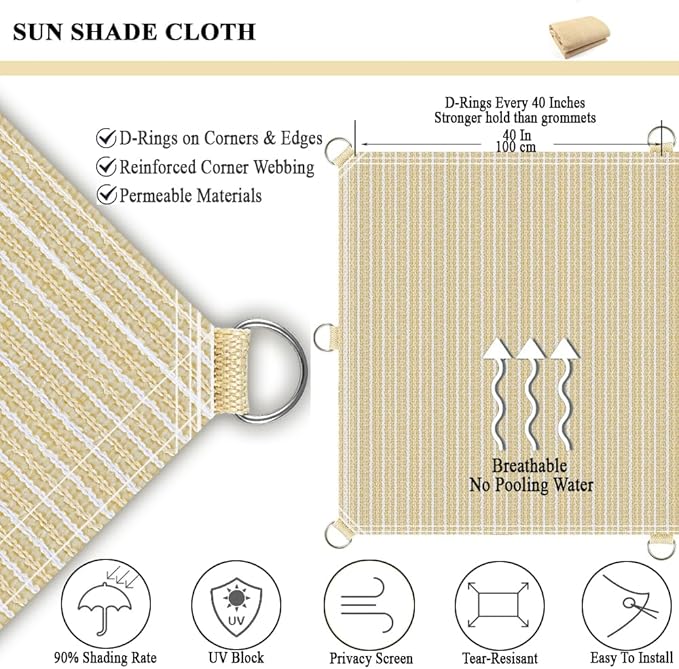 Sun Shade Cloth 12x20 FT, UV Block Outdoor Patio Shade Cover, Permeable and Tear Fade Resistant Rectangle Sunshade Fabric for Backyard, Porch, Pergola, Yard, Deck, Garden, Sand