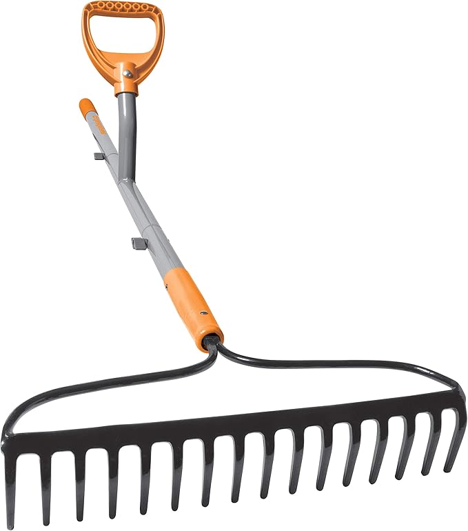 ErgieShovel ERG-BWRK16 Strain Reducing Steel Impact Resistant Bow Rake, 16-Tine, 54-Inch Shaft, w/Patented Ergonomic Second Handle, Gray/Orange