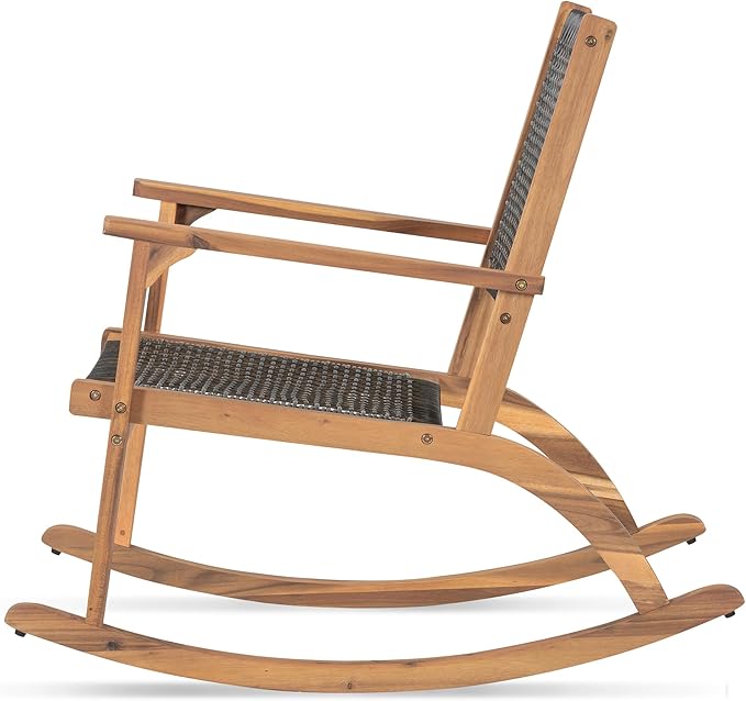 Merax 2-Piece Patio Rocking Chair Set, Acacia Wood Outdoor Rockers with PE Wicker Rattan Seat & Backrest, Comfortable Garden Porch Chairs for Backyard, Balcony, Poolside