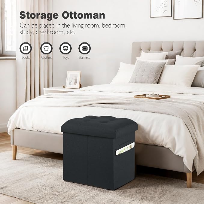 Storage Ottoman, 17" High Ottoman with Thicker Foam Padded Seat Grey Black | Small Folding Ottoman with Storage for Dorm Living Room Bedroom, Foot Rest Stool with Side Pocket & Handles, 17x13x13in