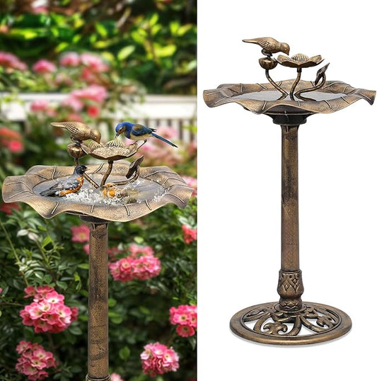 Athena Collection 35'' Outdoor Bird Bath, Vintage Pedestal Birdbath with 2-Tier Fountain Bowl, 5l Polypropylene Bird Bath with Lotus Accents, Garden Patio Yard Lawn Decor for Attracting Birds, Bronze