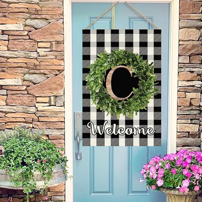 Baccessor Monogram Letter C Garden Flag 28 x 40 Inch, Buffalo Plaid Family Last Name Initial Boxwood Wreath Welcome Vertical Double Sided Large Flags for Outdoor Outside Decoration