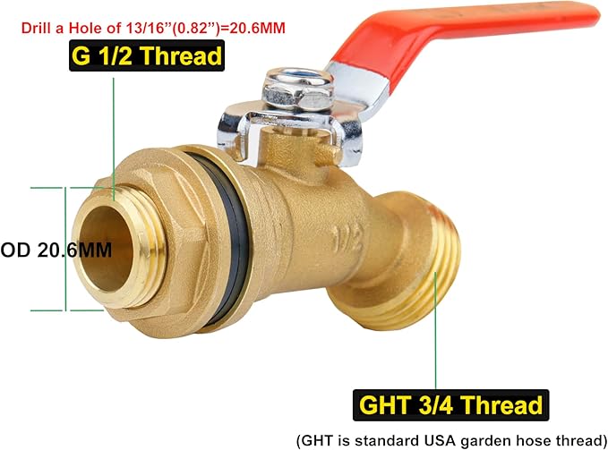 WHK Rain Barrel Spigot Kit-Water Bucket Spigot Faucets-Water Spicket Water Spout Spigot for 5/50/55 Gallon Bucket for Rain Barrel Water Container WaterTank,1/4 Turn with Long Handle(Brass)