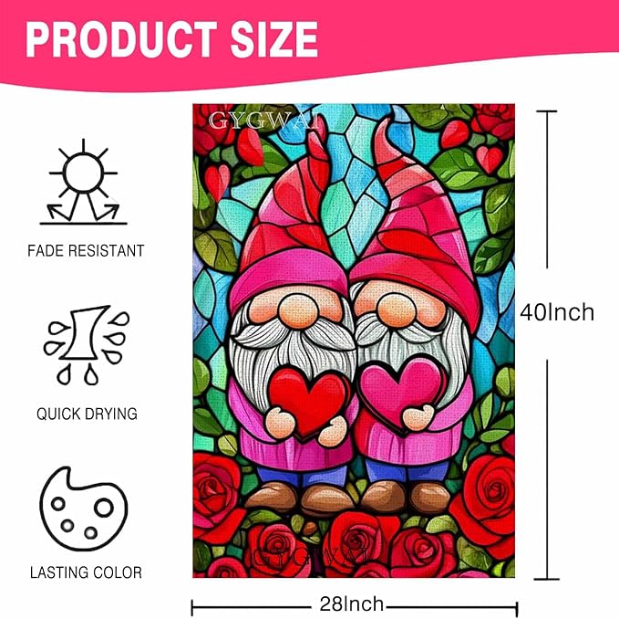 Valentines Gnomes House Flag 28x40 Inch Double Sided Outside, Stained Glass Valentines Yard Flag for Anniversary Wedding Outdoor Decoration