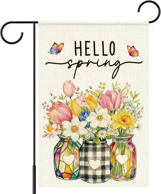 Hello Spring Flags for Outside,Floral Mason Jar Garden Flag for Yard Patio Lawn Decoration,12x18 Inch Double Sided