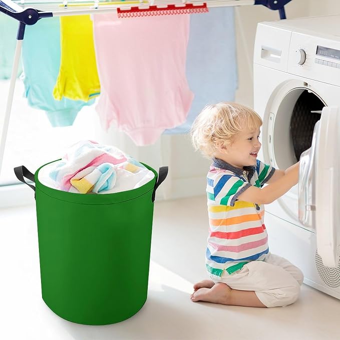 Large Laundry Hamper Bag, Solid Green Trend Color Collapsible Laundry Basket with Drawstring Dirty Clothes Organizer Washing Bin for Family Essentials Storage
