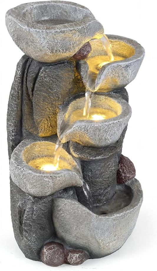 Giantex 5-Tier Outdoor Water Fountain with Lights, 17.5 Inch Cascading Bowls Tabletop Waterfall Fountain with Pump, Resin Garden Water Feature for Indoor Outdoor Patio, Yard, Porch Decor