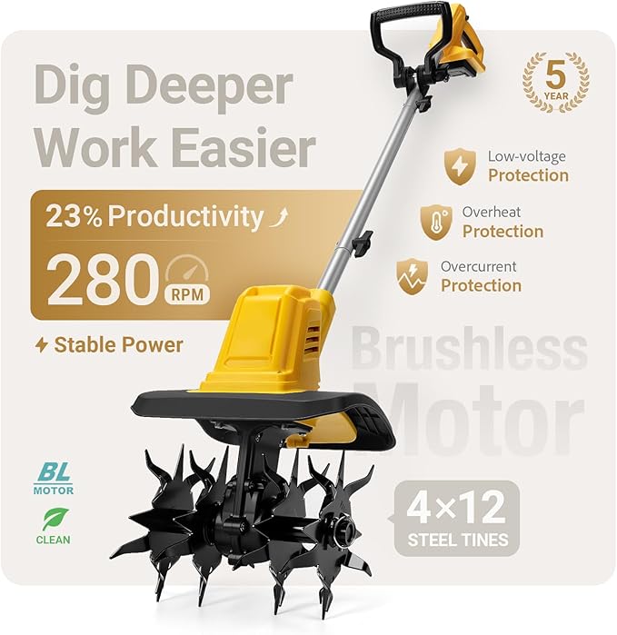 Cordless Brushless Garden Tiller Cultivator Compatible with dewalt 20v Battery (Tool Only), 10’’ Wide 7’’ Deep Electric Soil Rototiller, 48-Tine Mini Rotary Areator for Garden Beds & Soil Preparation