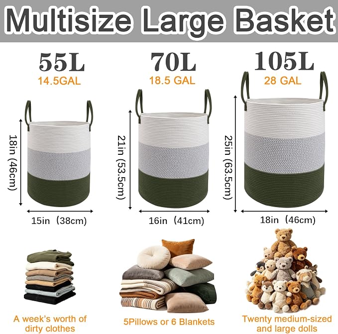 70L Woven Laundry Basket,Large Clothes Hamper with Handles-Green