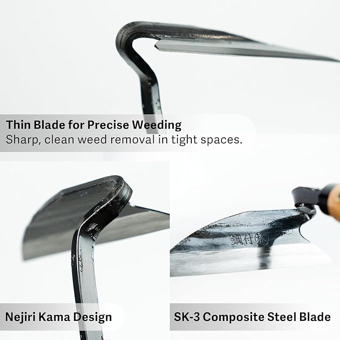 Lightweight Japanese Weeding Sickle, HONEN Thin Blade Precision Garden Tool with SK-3 Steel for Surface Weeding and Fine Garden Work