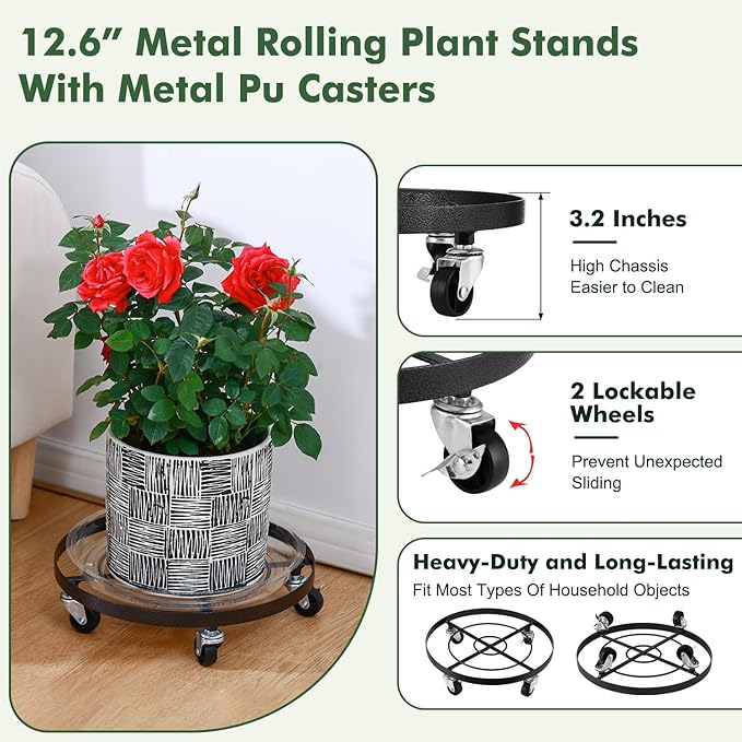 3 Packs Large Metal Plant Caddy 12.6” Plant Dolly with Wheels Heavy-duty Wrought Iron Rolling Wheeled Plant Stand with Casters for Indoor and Outdoor Plant Pot Rollers, 12" Clear Plant Saucers Included