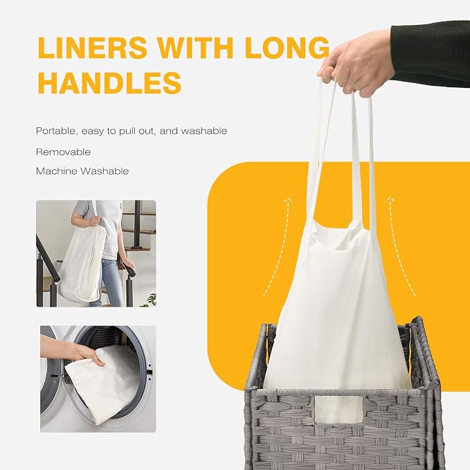NEWBULIG 110L Extra Large Divided Laundry Hamper with Lid, 2 Section Collapsible Dirty Clothes Basket, Dual Removable Liner Bags for Bedroom, Bathroom, Closet and Dorm Room Organization Grey
