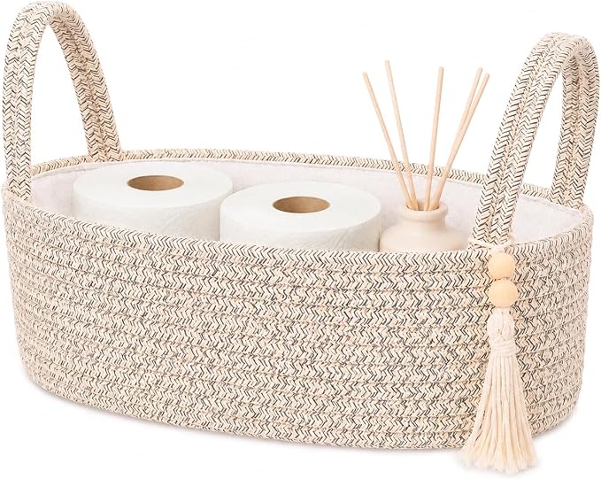 ABenkle Small Storage Basket, Jute Rope Woven Toilet Paper Tray Organizer for Toilet Tank Top, Boho Bathroom Decor Holder for Shelf Bedroom Living Room -13x6x4 Inches