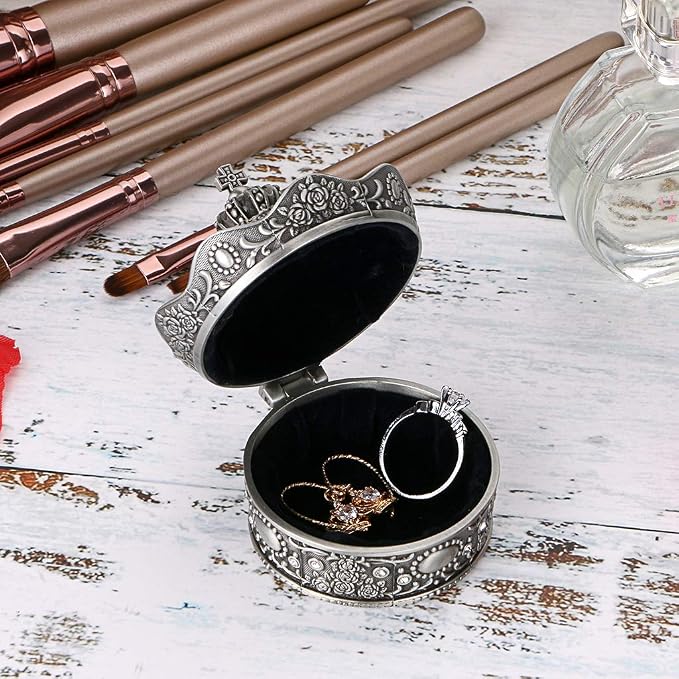 Hipiwe Vintage Small Jewelry Box Crown Design Metal Trinket Organizer