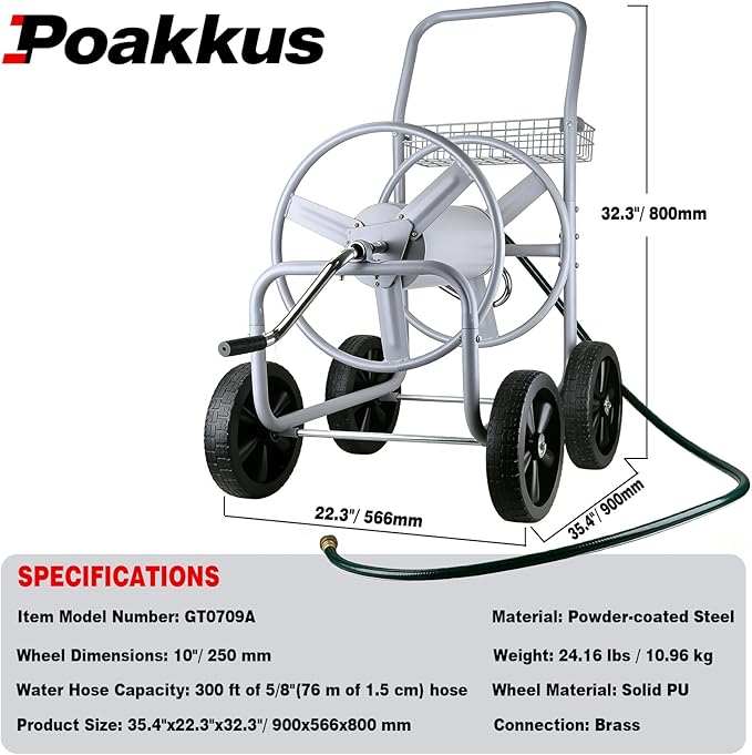 Hose Reel Cart, 250 FT of 5/8’’ Hose, Heavy-Duty Water Hose Cart with 4 Wheels, Storage Basket, Portable Water Hose Organizer for Outside Yard, Outdoor Planting Tool (Sliver)