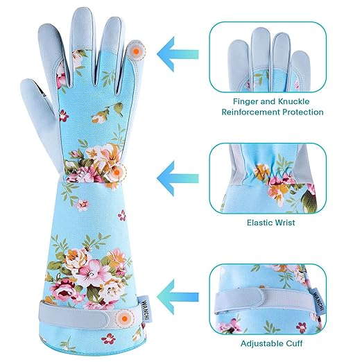 WANCHI Women's Long Arm Gardening Gloves, Flexible Hand Protection, Ergonomic Design for Digging, Trimming & Garden Maintenance, Blue Large
