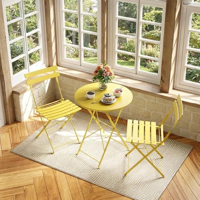 Garvee 3-Piece Folding Bistro Set Outdoor Patio Furniture, Space-Saving Foldable Chairs & Table with Heavy-Duty Powder-Coated Steel Frame, No Assembly Required, for Garden, Balcony, Backyard, Yellow