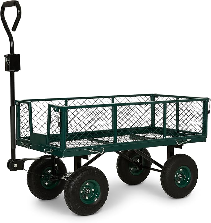 Backyard Expressions Heavy Duty Garden Cart 600 lb, 38" x 20" Steel Bed Utility Wagon with Removable Mesh Sides, Powder-Coated Frame, 10" Pneumatic Wheels, Pull Handle Yard/Lawn Hauler