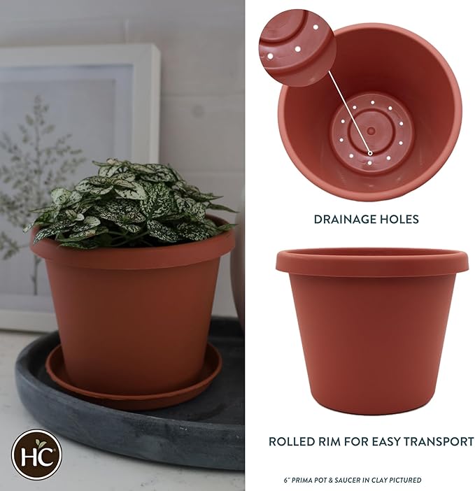 The HC Companies 16 Inch Round Prima Planter - Plastic Plant Pot with Rolled Rim for Indoor Outdoor Plants Flowers Herbs, Clay
