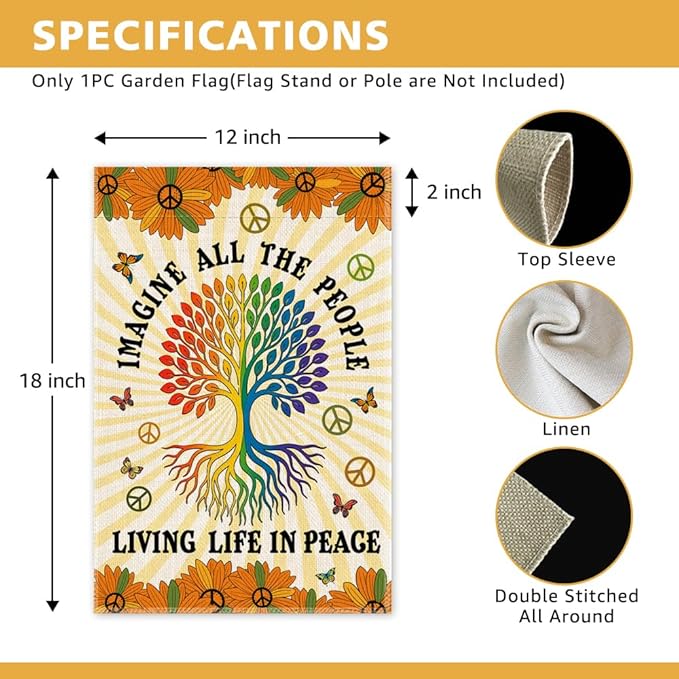 Imagine All The People Living Life In Peace Garden Flag, Funny Tree Of Life Peace Flag for Outside, LGBTQ Equality Social Justice Kindness Diversity Inclusion Banner, Peaceful Lawn Porch Décor