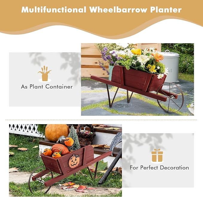HAPPYGRILL Wooden Wagon Planter, Small Flower Planter Box w/Triangular Metal Support, 2 Energy-Saving Handles, Movable Wheel, Wood Wheelbarrow Cart Pot for Garden Backyard Holiday (Red)