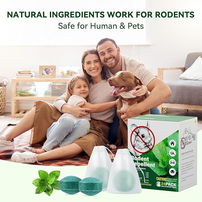 Natural Rodent Repellent, 24 Pack Safe for Children and Pets, Peppermint Formula for Mice, Mouse Control Indoors Outdoors