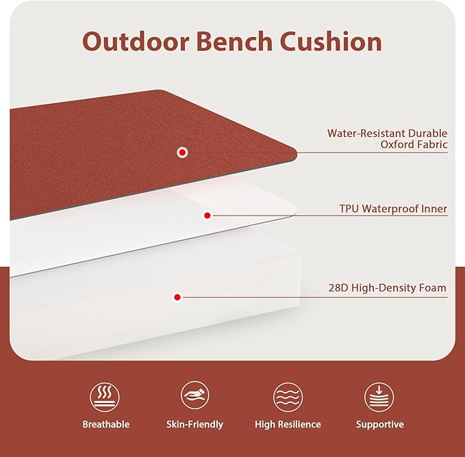 Favoyard Outdoor Bench Cushion 59 x 18 Inch Waterproof Patio Furniture Cushions 3-Year Color Fastness Garden Sofa Settee Couch Swing Pads with Handle and Attach Ties, Spice