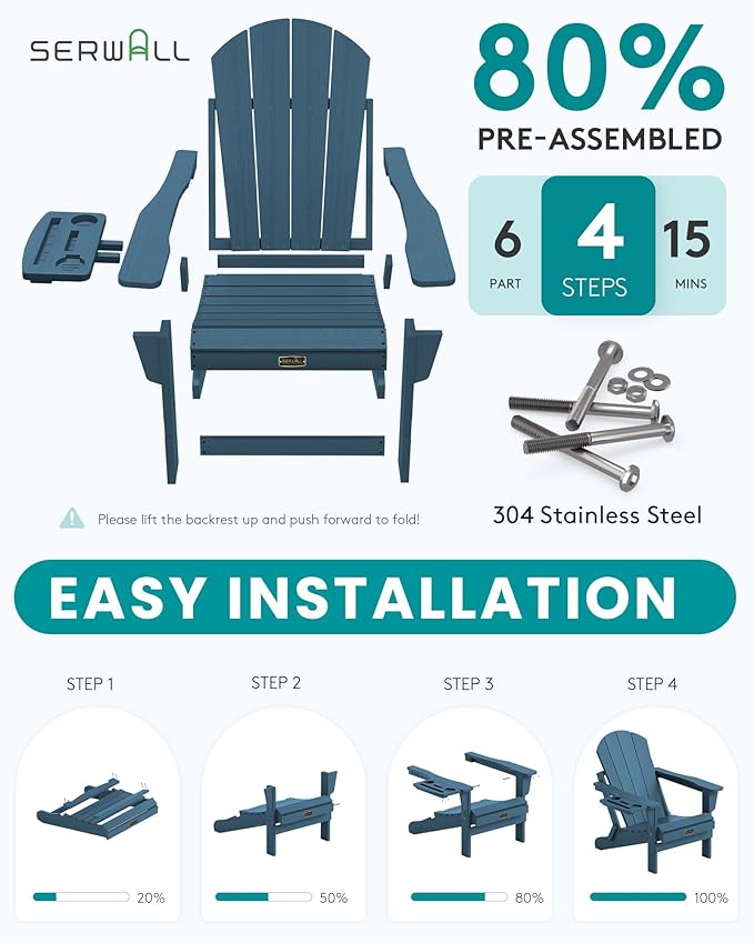 SERWALL Foldable Adirondack Chair Set of 4, HIPS Adirondack Chairs with 4 in 1 Cup Holder, Weather Resistant Fire Pit Chair for Patio, Garden, Outdoors, Poolside - Blue