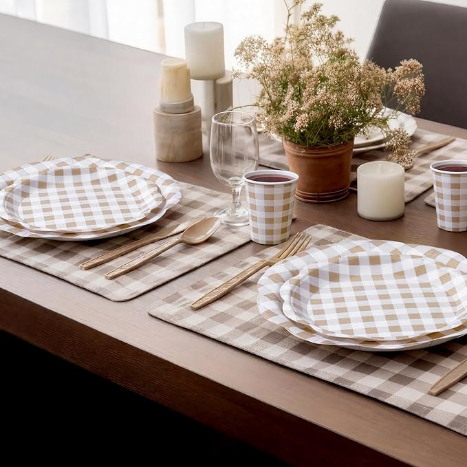 Funnymoom 400 Pcs Gingham Party Supplies for 50 Guests Khaki and White Paper Plates and Napkins Knives Spoons Forks Cups Disposable Checkered Dinner Party Set Cutlery for Baby Shower Wedding Favor