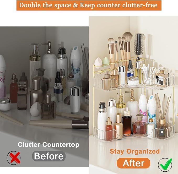 Webetop Corner Makeup Organizer 2 Tier Bathroom Storage with Brush Holder