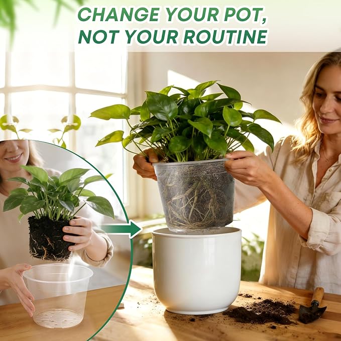 10 Pack 8 Inch Large Clear Nursery Pots with Drainage Hole, Plastic Plant Pots for Seedlings Flowers Vegetables, Indoor Outdoor Gardening, Used as Liners Inside Decorative Pots (8 inch)