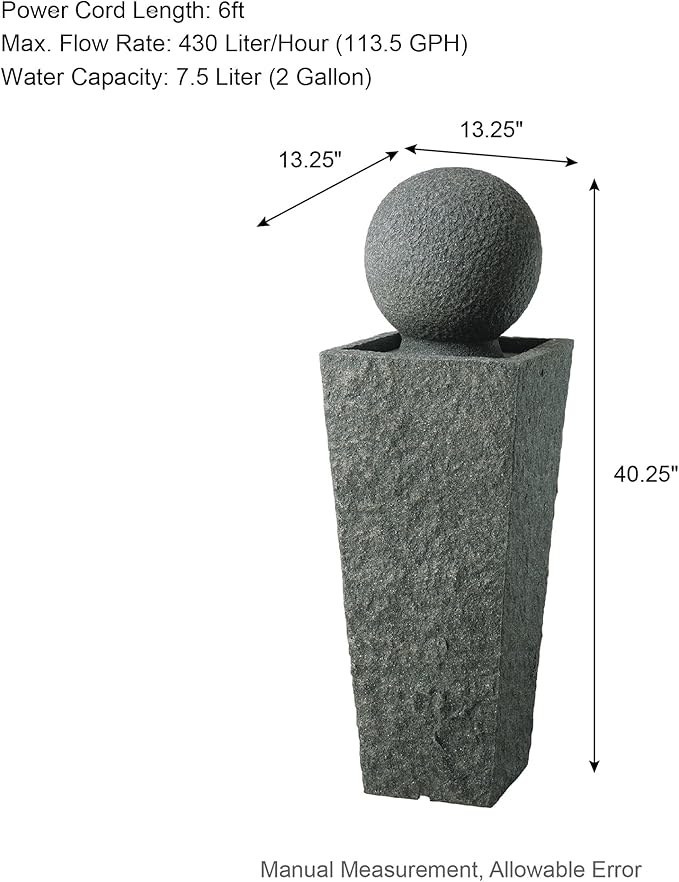 Glitzhome Outdoor Water Fountain, Outdoor Fountain with Pebbles, Pump and LED Light, 40.25" H Modern Geometric Pedestal and Sphere Polyresin Waterfall Fountain for Patio, Backyard, Garden, Deck Decor