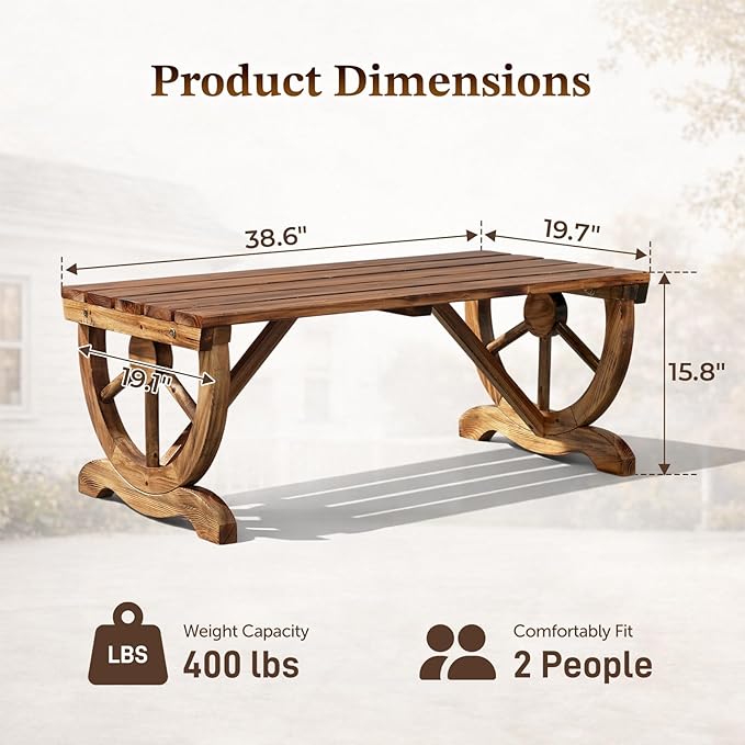 Outvita 39'' Outdoor Wooden Bench, 2-Person Rustic Wagon Wheel Bench with Slatted Seat and Carbonized Fir Wood Construction, Weather-Resistant Garden Bench for Patio, Porch and Backyard(Light Brown)